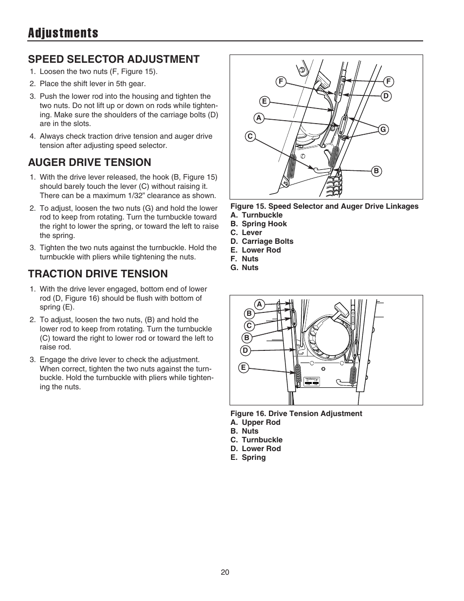Adjustments, Speed selector adjustment, Auger drive tension | Traction drive tension | Simplicity 1694441 User Manual | Page 24 / 30