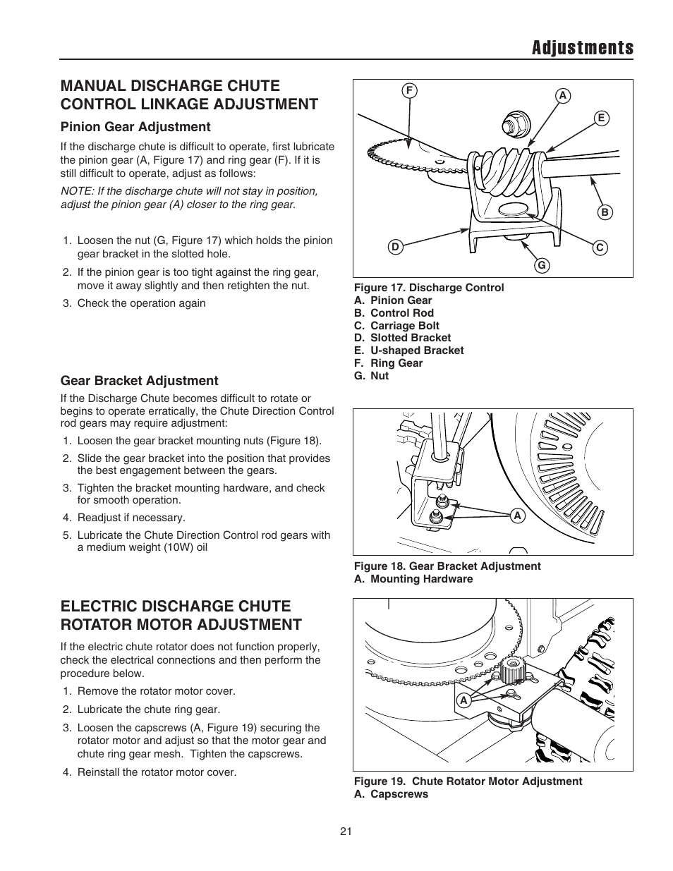 Adjustments, Manual discharge chute control linkage adjustment, Electric discharge chute rotator motor adjustment | Simplicity 1694441 User Manual | Page 25 / 30