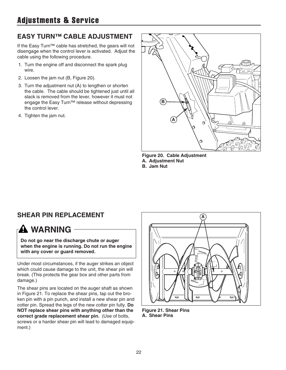 Adjustments & service, Warning, Easy turn™ cable adjustment | Shear pin replacement | Simplicity 1694441 User Manual | Page 26 / 30
