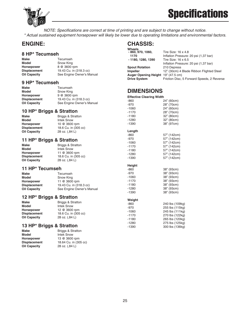 Specifications, Engine, Chassis | Dimensions, 8 hp* tecumseh, 9 hp* tecumseh, 10 hp* briggs & stratton, 11 hp* briggs & stratton, 11 hp* tecumseh, 12 hp* briggs & stratton | Simplicity 1694441 User Manual | Page 29 / 30