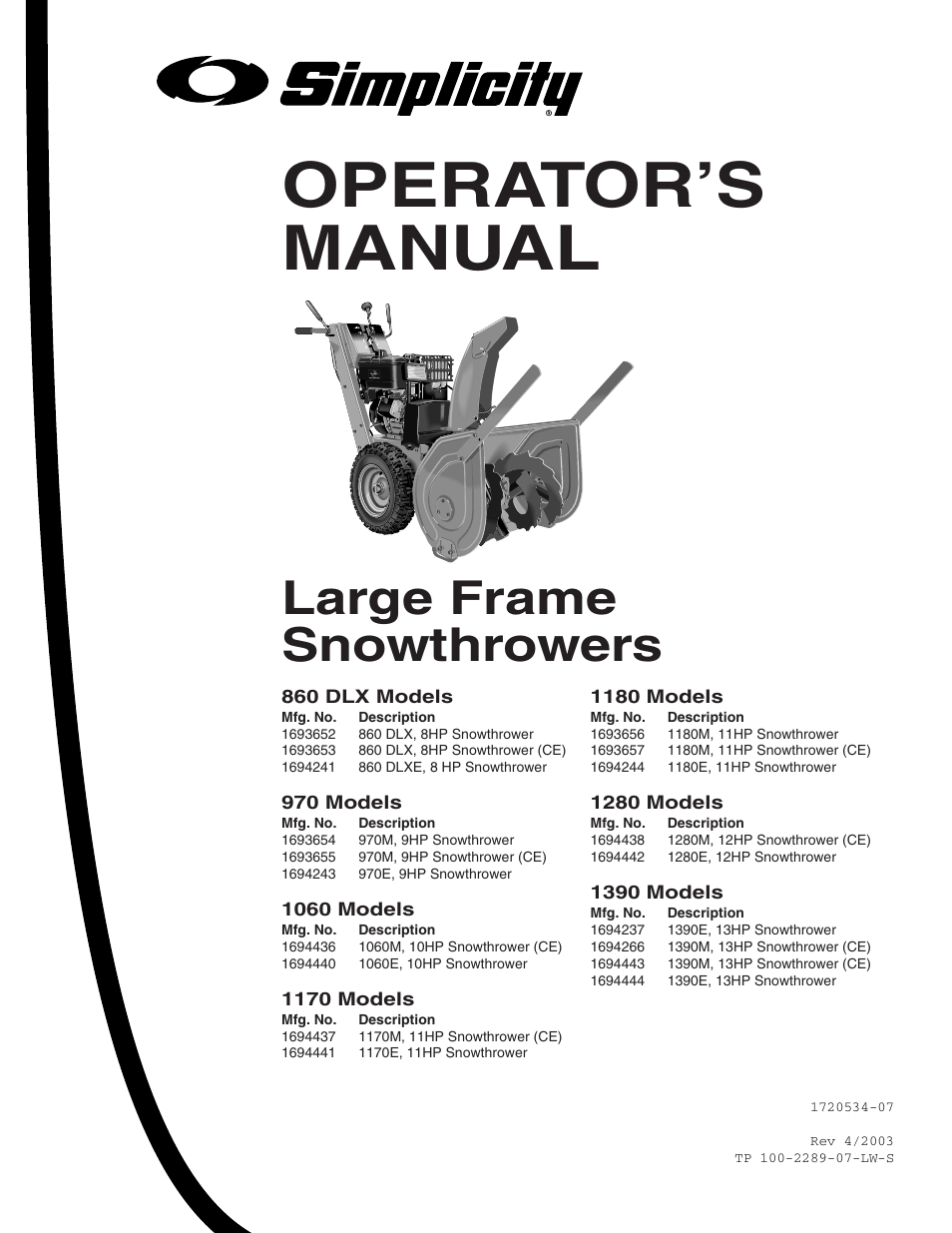 Operator’s manual, Large frame snowthrowers | Simplicity 1694441 User Manual | Page 3 / 30