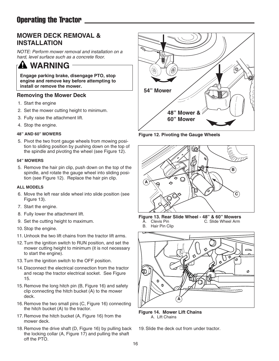 Operating the tractor warning, Mower deck removal & installation | Simplicity 1693130 User Manual | Page 20 / 42