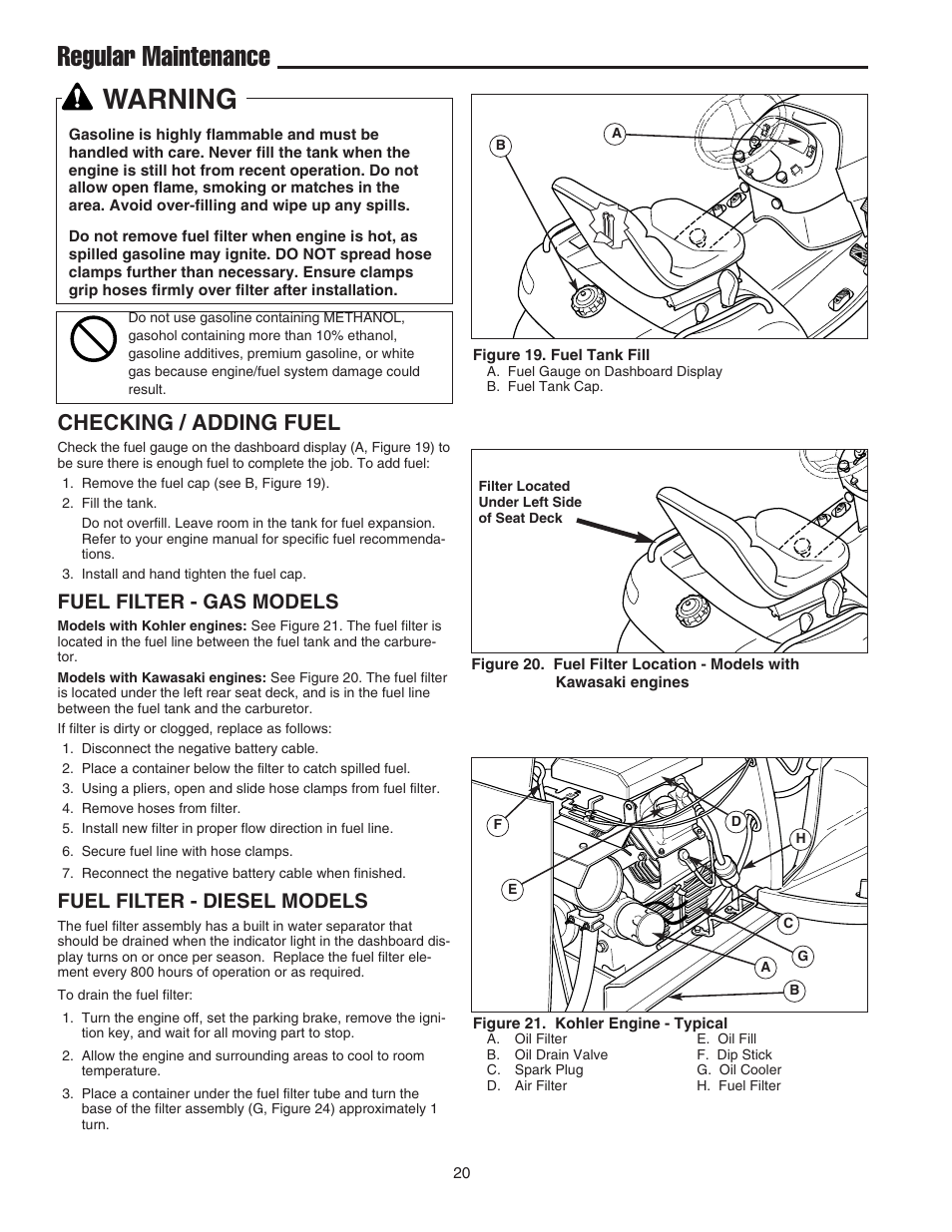 Regular maintenance warning, Checking / adding fuel, Fuel filter - gas models | Fuel filter - diesel models | Simplicity 1693130 User Manual | Page 24 / 42