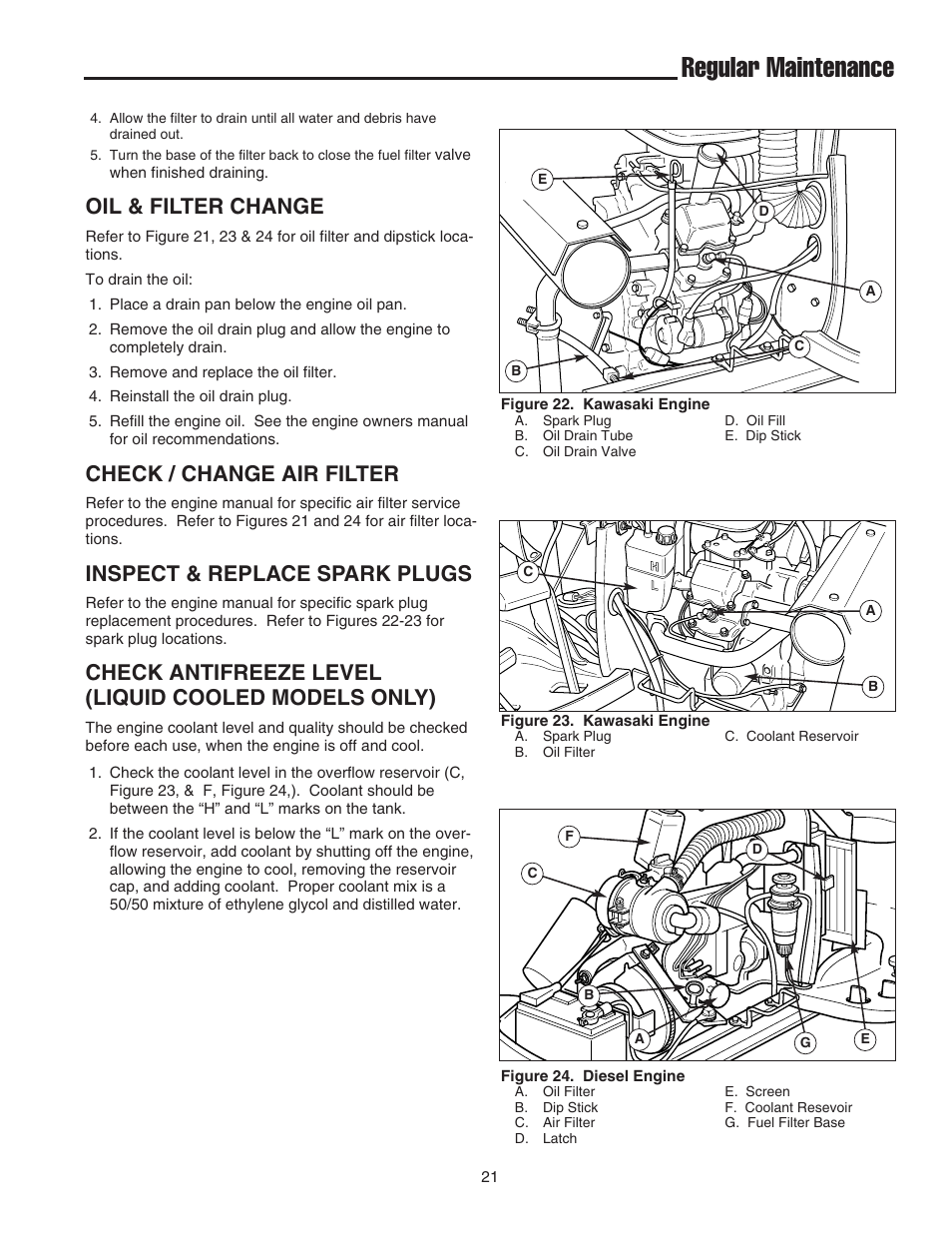 Regular maintenance, Oil & filter change, Check / change air filter | Inspect & replace spark plugs, Check antifreeze level (liquid cooled models only) | Simplicity 1693130 User Manual | Page 25 / 42