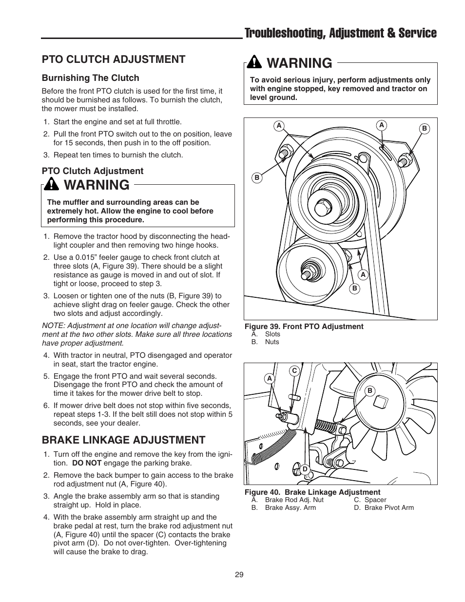 Warning, Troubleshooting, adjustment & service, Pto clutch adjustment | Brake linkage adjustment | Simplicity 1693130 User Manual | Page 33 / 42