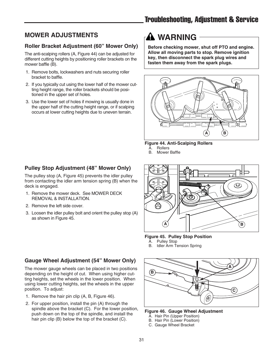 Troubleshooting, adjustment & service warning, Mower adjustments | Simplicity 1693130 User Manual | Page 35 / 42