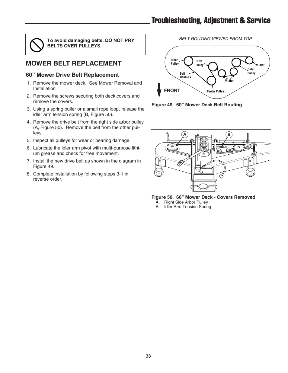 Troubleshooting, adjustment & service, Mower belt replacement, 60” mower drive belt replacement | Simplicity 1693130 User Manual | Page 37 / 42