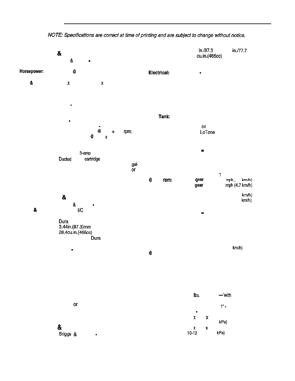 Specifications, Engine, Transmission gear | Transmission hydro, Dimensions, 14 hp briggs stratton, 5 hp briggs stratton, 16 hp briggs stratton | Simplicity 1692969 User Manual | Page 30 / 32