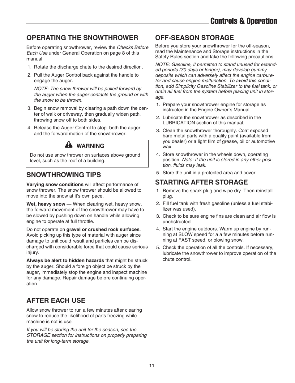 Controls & operation, Operating the snowthrower, Snowthrowing tips | After each use, Off-season storage, Starting after storage | Simplicity 1692918 User Manual | Page 15 / 20