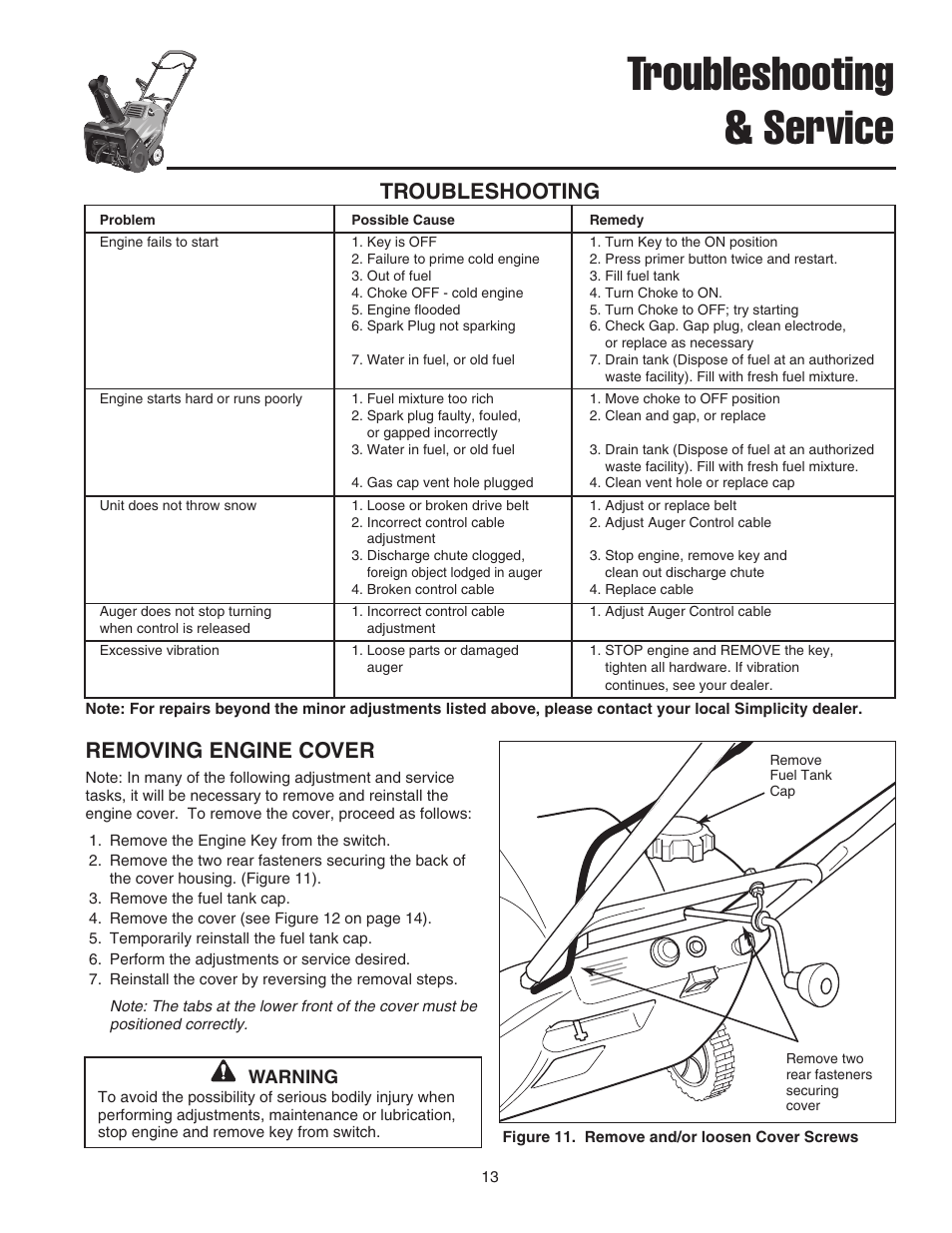 Troubleshooting & service, Troubleshooting, Removing engine cover | Simplicity 1692918 User Manual | Page 17 / 20