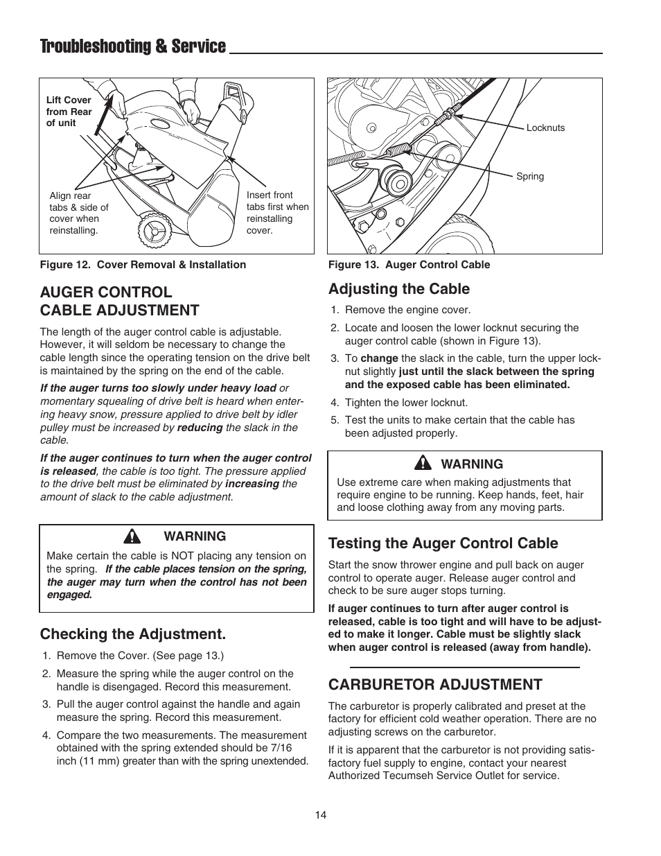 Troubleshooting & service, Adjusting the cable, Testing the auger control cable | Carburetor adjustment, Auger control cable adjustment, Checking the adjustment | Simplicity 1692918 User Manual | Page 18 / 20