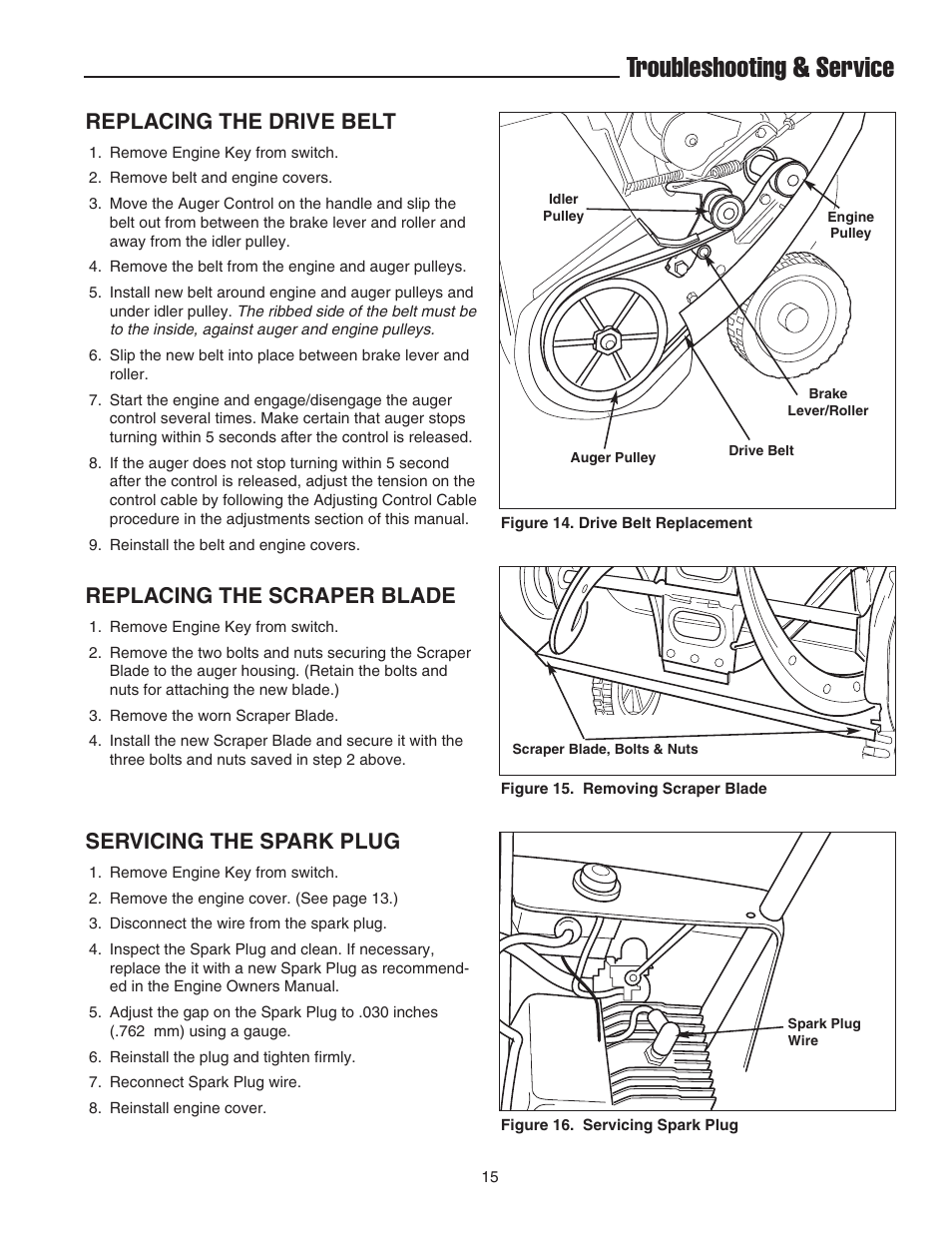 Troubleshooting & service, Replacing the drive belt, Replacing the scraper blade | Servicing the spark plug | Simplicity 1692918 User Manual | Page 19 / 20