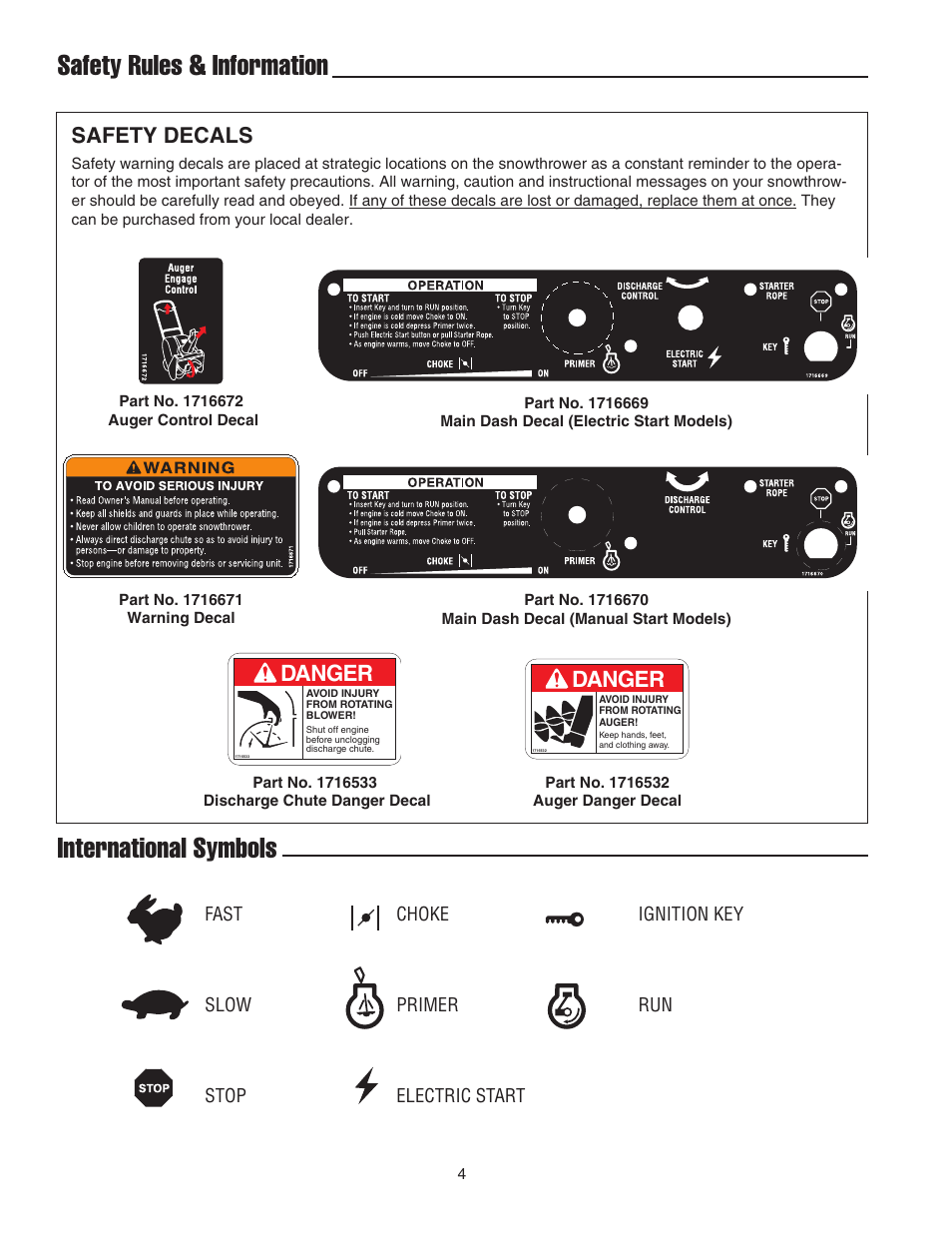 Safety rules & information, International symbols, Danger | Safety decals | Simplicity 1692918 User Manual | Page 8 / 20