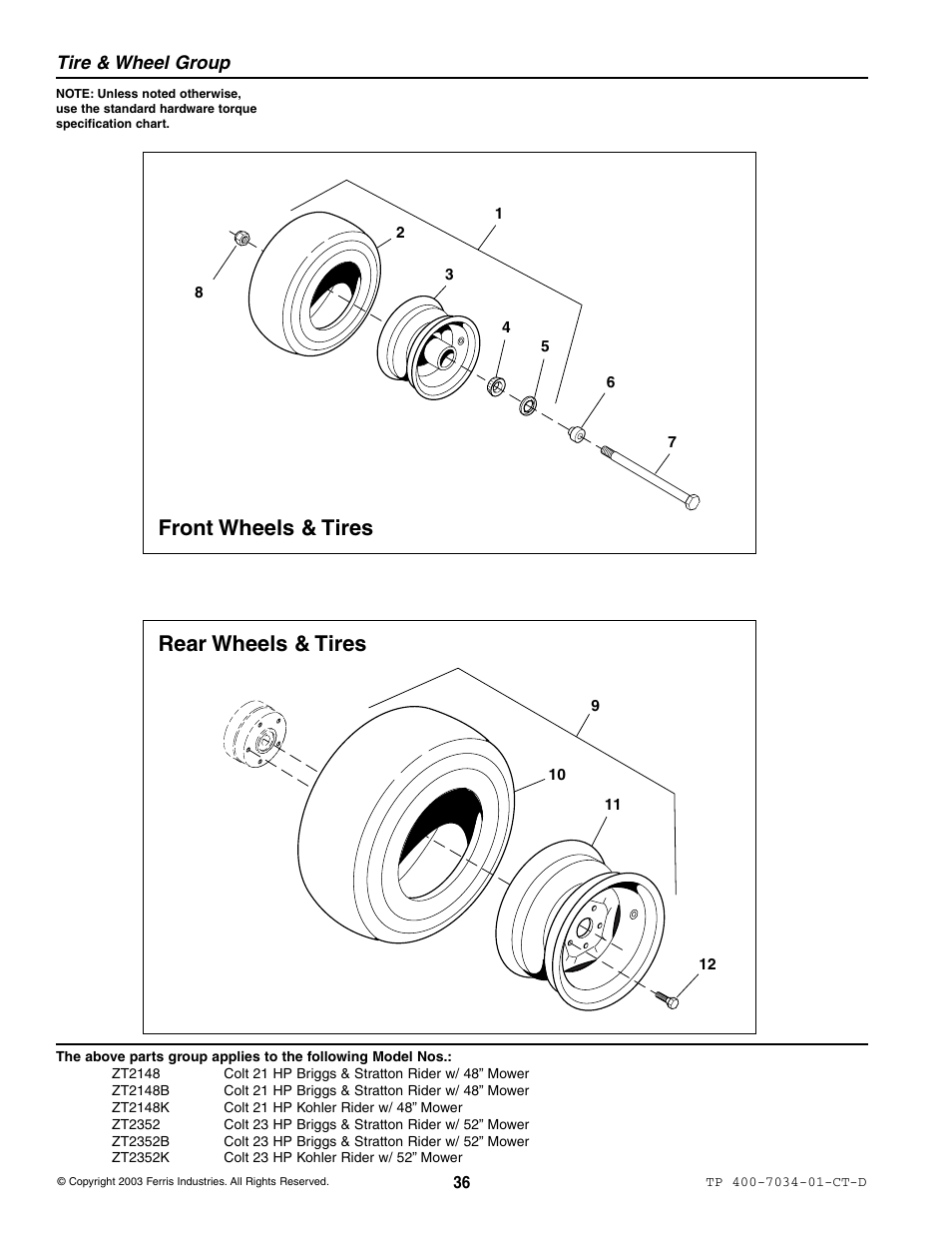 Front wheels & tires rear wheels & tires, Tire & wheel group | Simplicity ZT2148B User Manual | Page 42 / 63