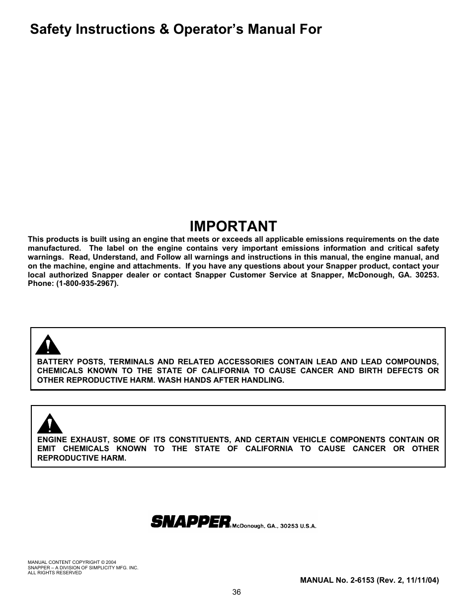 Turf cruiser trail cruiser, Utility vehicles series 1, Important | Warning, Safety instructions & operator’s manual for | Simplicity UVGT1621BV User Manual | Page 36 / 36