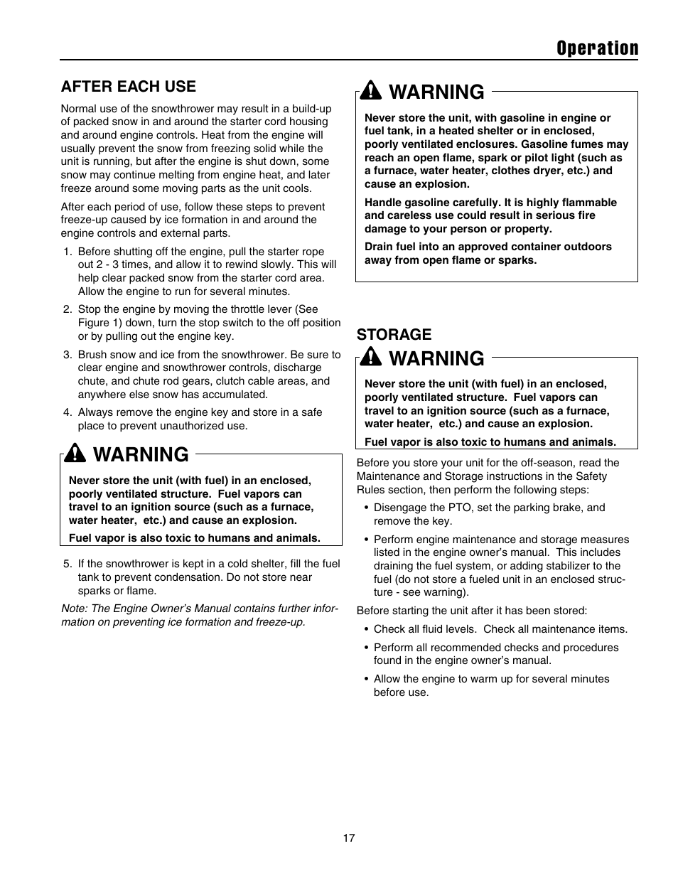 Operation, Warning, After each use | Storage | Simplicity 105308E User Manual | Page 20 / 36