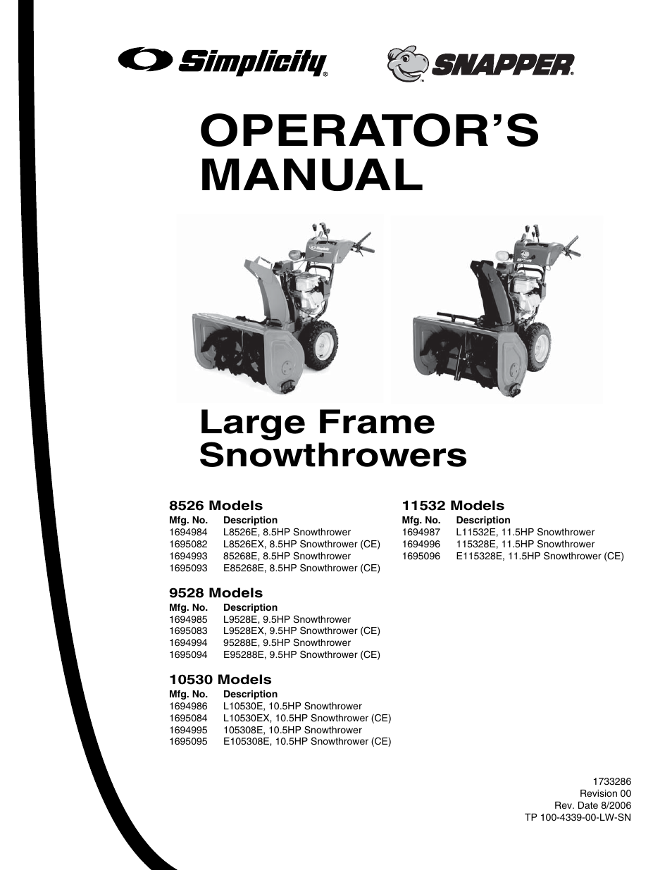 Operator’s manual, Large frame snowthrowers | Simplicity 105308E User Manual | Page 3 / 36