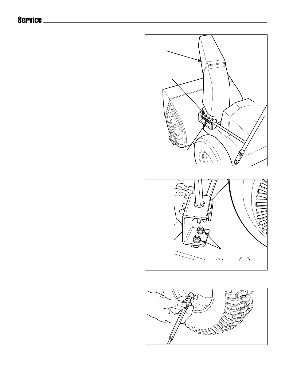 Service, Discharge chute worm assembly adjustment, Chute direction control rod gear adjustment | Checking tire pressure | Simplicity 1693647 555M User Manual | Page 28 / 30