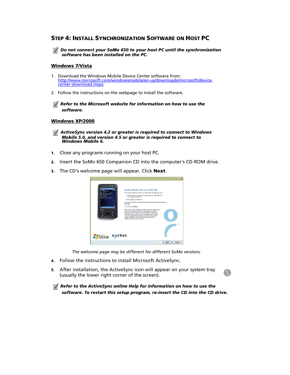 Step 3: set up your somo 650, Nstall, Ynchronization | Oftware on, Pc 15 | Socket Mobile SoMo 650 User Manual | Page 15 / 75