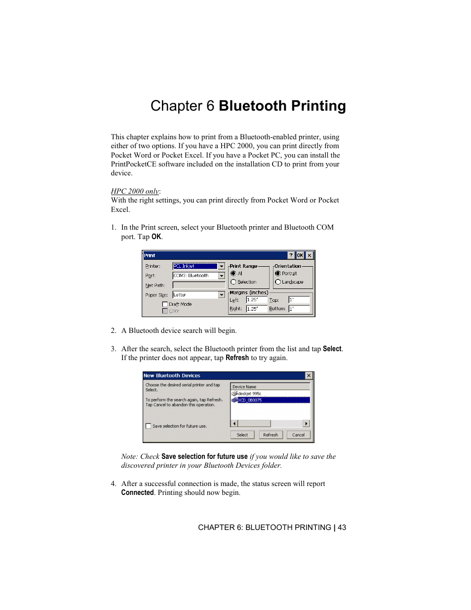 Chapter 6 bluetooth printing, Hpc 2000 | Socket Mobile BluetoothTM Connection Kit User Manual | Page 43 / 59
