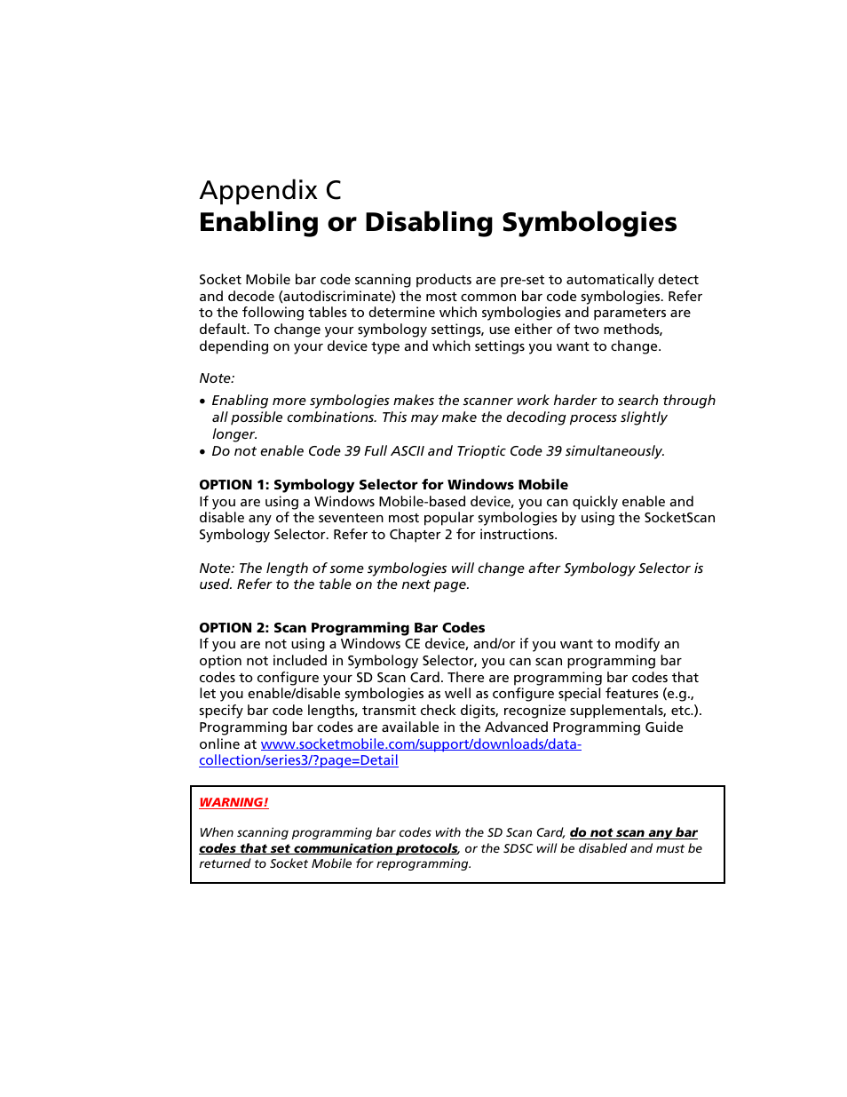 Appendix c enabling or disabling symbologies, C | enabling or disabling symbologies 37 | Socket Mobile Secure Digital Scan Card Series 3 User Manual | Page 37 / 60