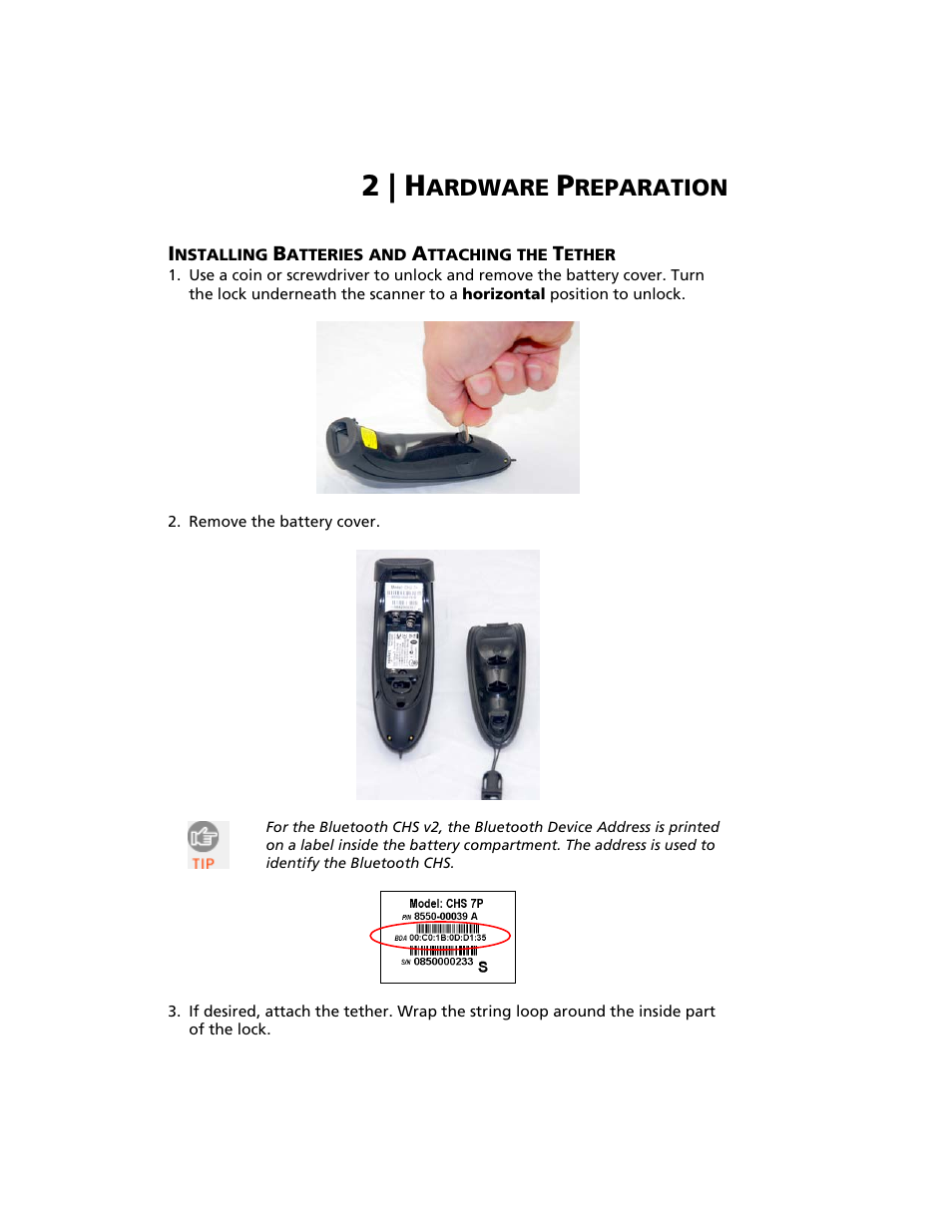 2 | hardware preparation, Installing batteries and attaching the tether, Nstalling | Atteries and, Ttaching the, Ether, 2 | h, Ardware, Reparation | Socket Mobile Bluetooth iPAQ User Manual | Page 10 / 114