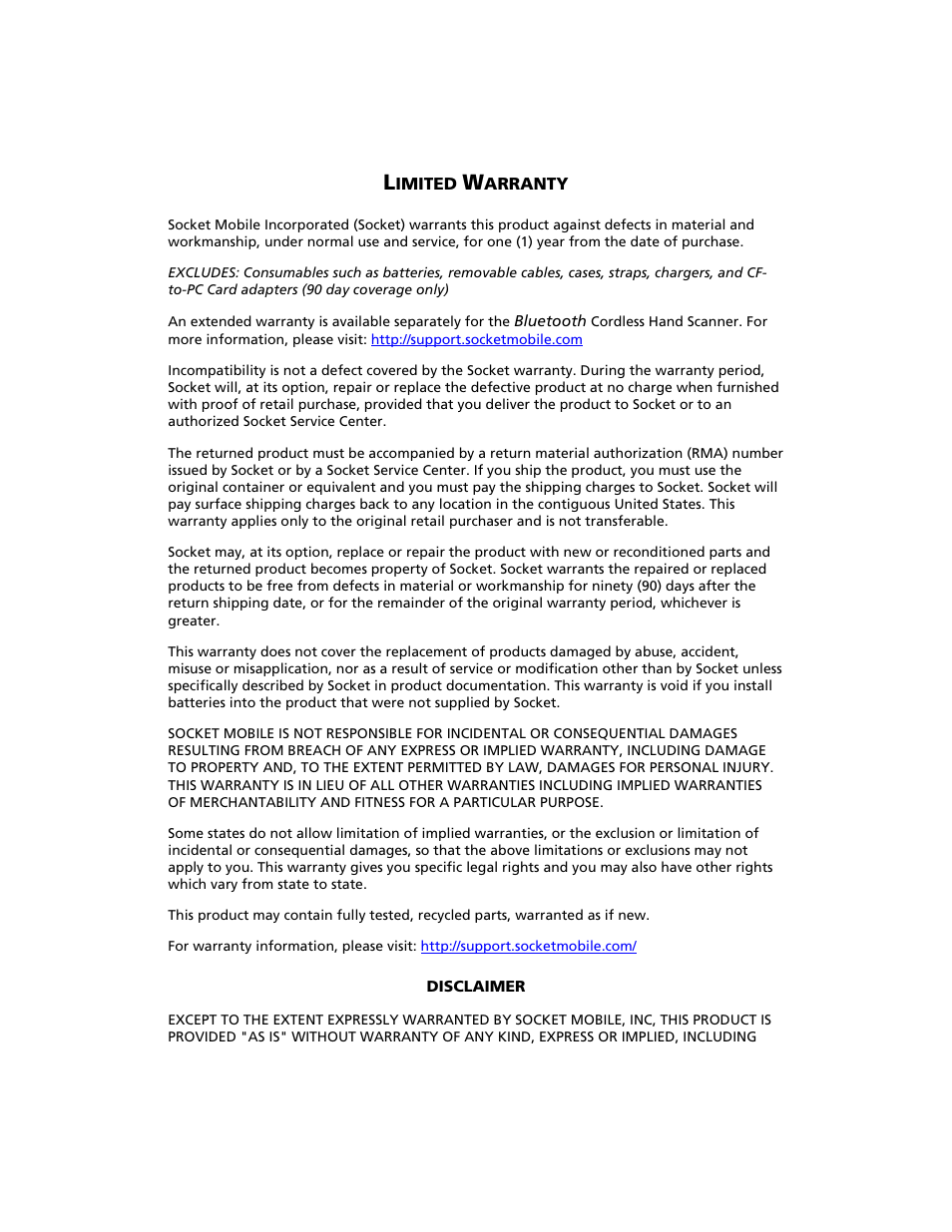 Limited warranty | Socket Mobile Bluetooth iPAQ User Manual | Page 108 / 114