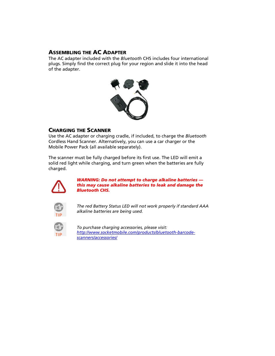 Assembling the ac adapter, Charging the scanner, Ssembling the | Dapter, Harging the, Canner | Socket Mobile Bluetooth iPAQ User Manual | Page 12 / 114