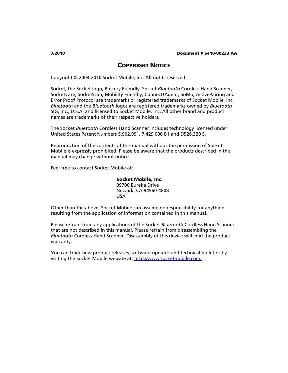 Copyright notice | Socket Mobile Bluetooth iPAQ User Manual | Page 2 / 114