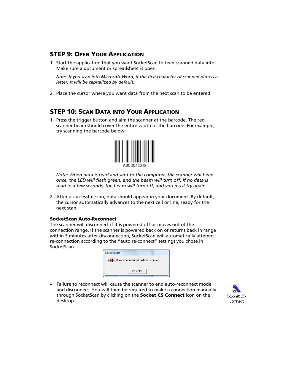 Step 9: open your application, Step 10: scan data into your application, Step | Socket Mobile Bluetooth iPAQ User Manual | Page 28 / 114