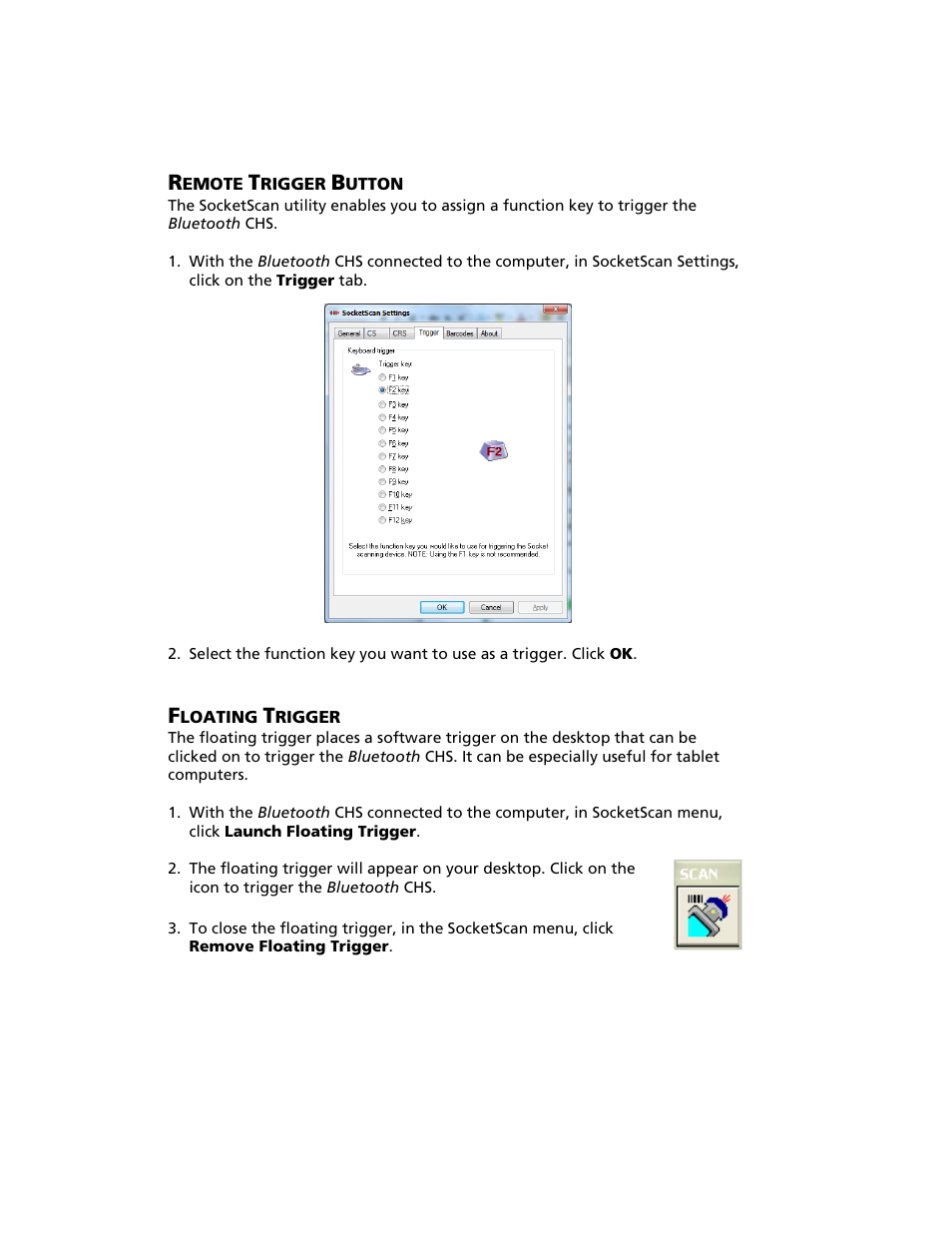 Remote trigger button, Floating trigger | Socket Mobile Bluetooth iPAQ User Manual | Page 34 / 114