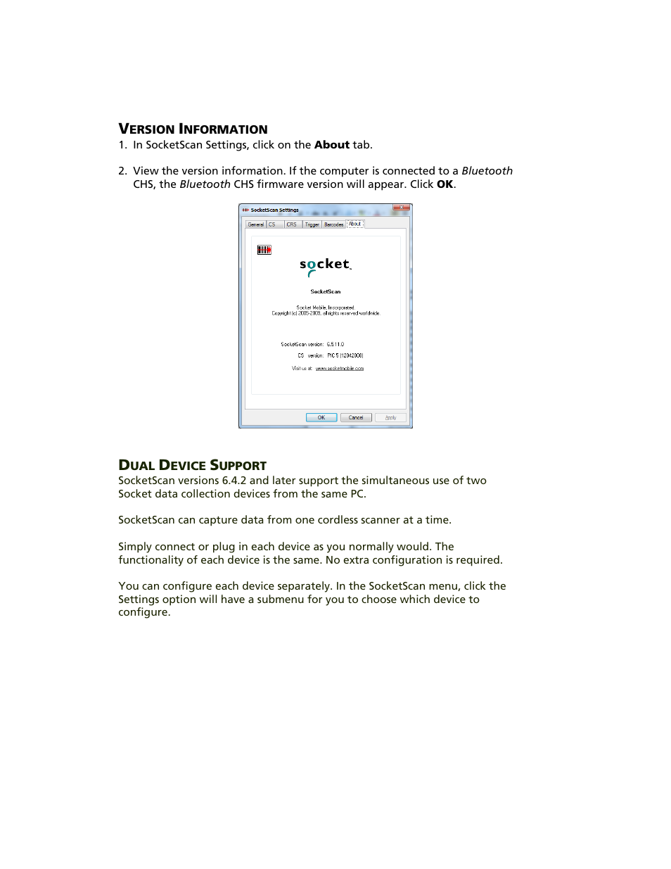 Version information, Dual device support | Socket Mobile Bluetooth iPAQ User Manual | Page 35 / 114