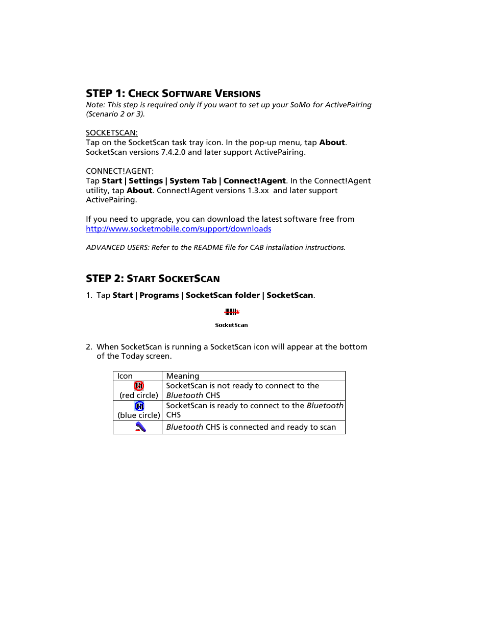 Step 1: check software versions, Step 2: start socketscan, Step | Socket Mobile Bluetooth iPAQ User Manual | Page 37 / 114