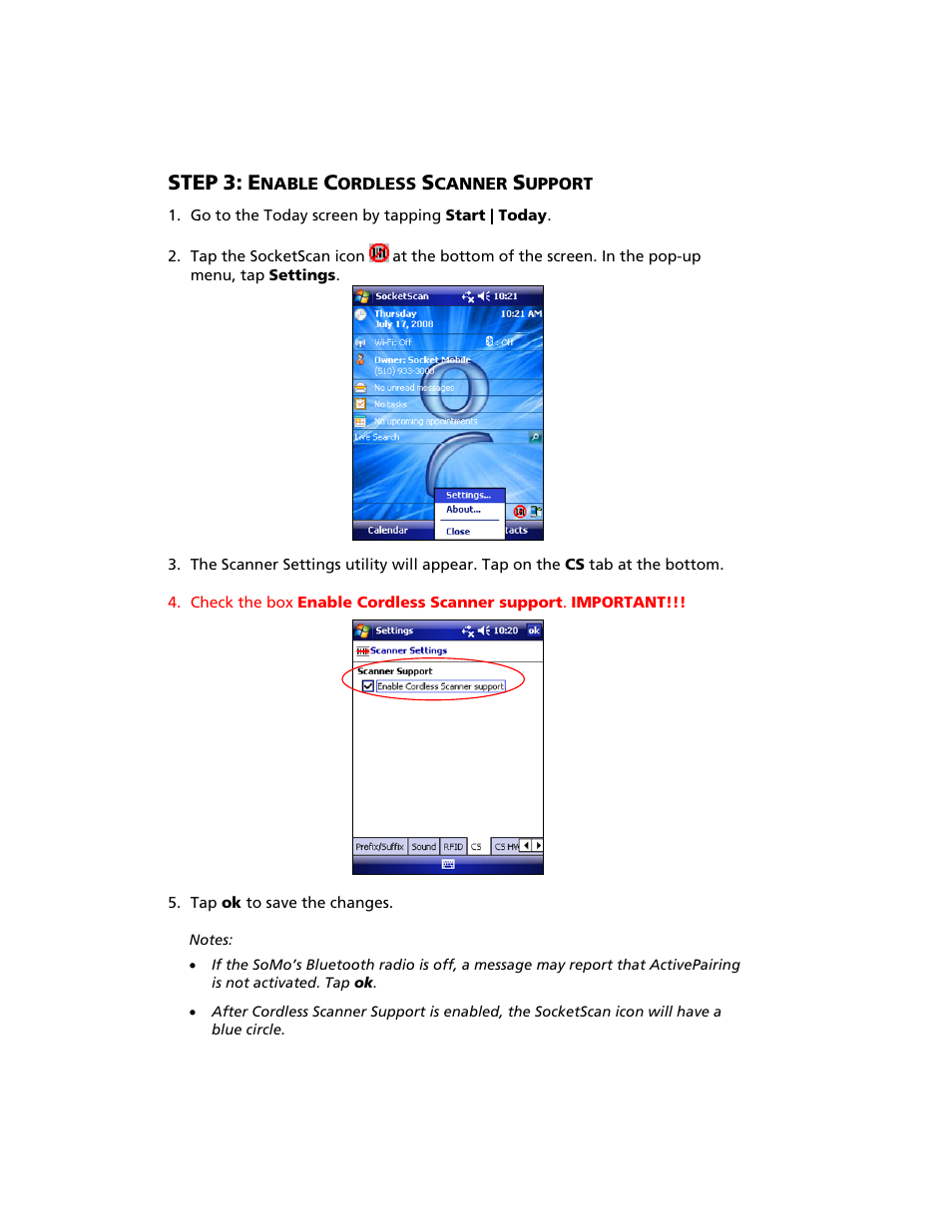 Step 3: enable cordless scanner support, Step | Socket Mobile Bluetooth iPAQ User Manual | Page 38 / 114