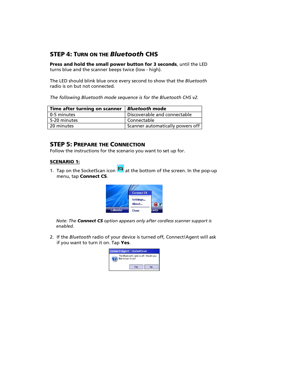 Step 4: turn on the bluetooth chs, Step 5: prepare the connection, Step | Bluetooth chs | Socket Mobile Bluetooth iPAQ User Manual | Page 39 / 114