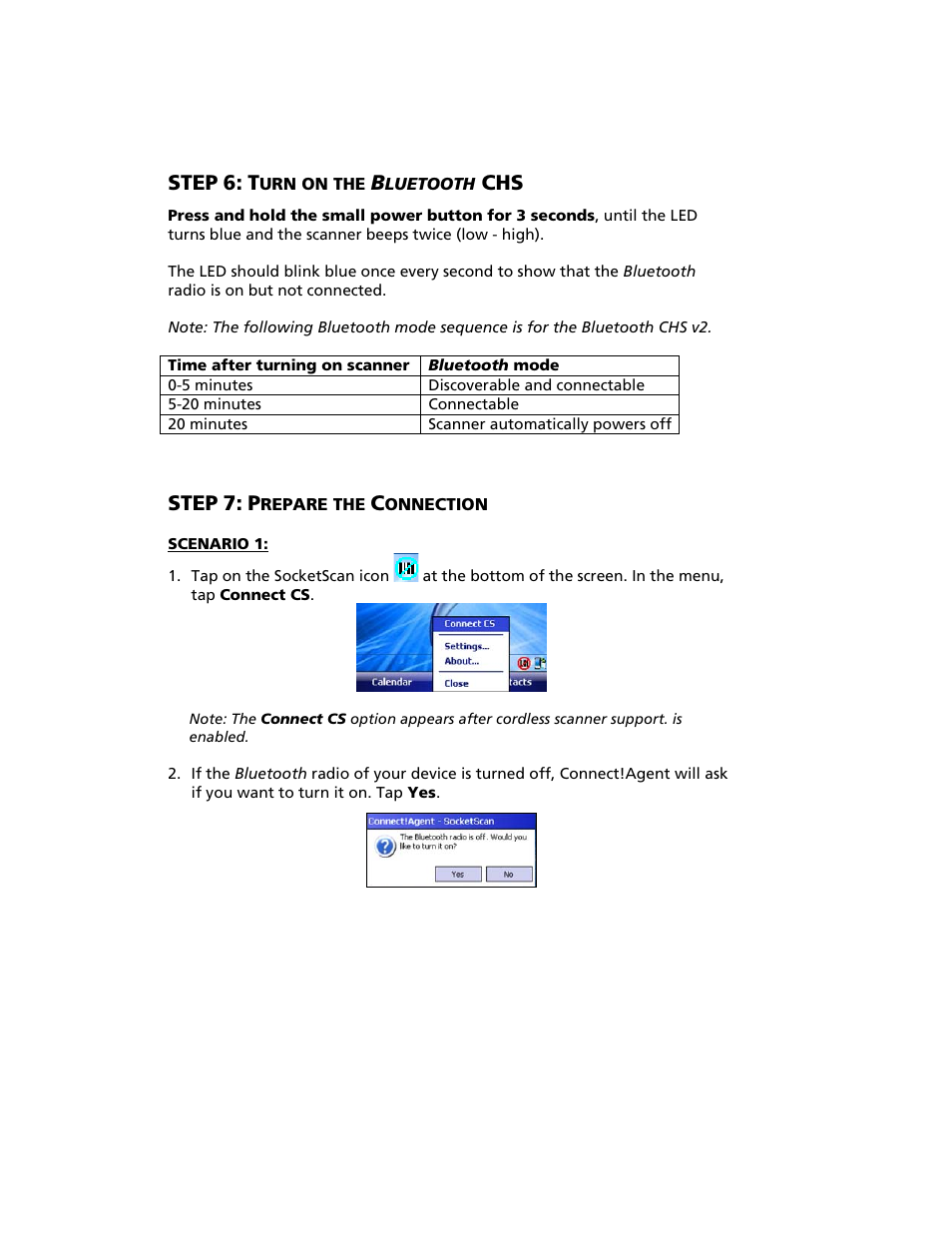 Step 6: turn on the bluetooth chs, Step 7: prepare the connection, Step | Socket Mobile Bluetooth iPAQ User Manual | Page 56 / 114