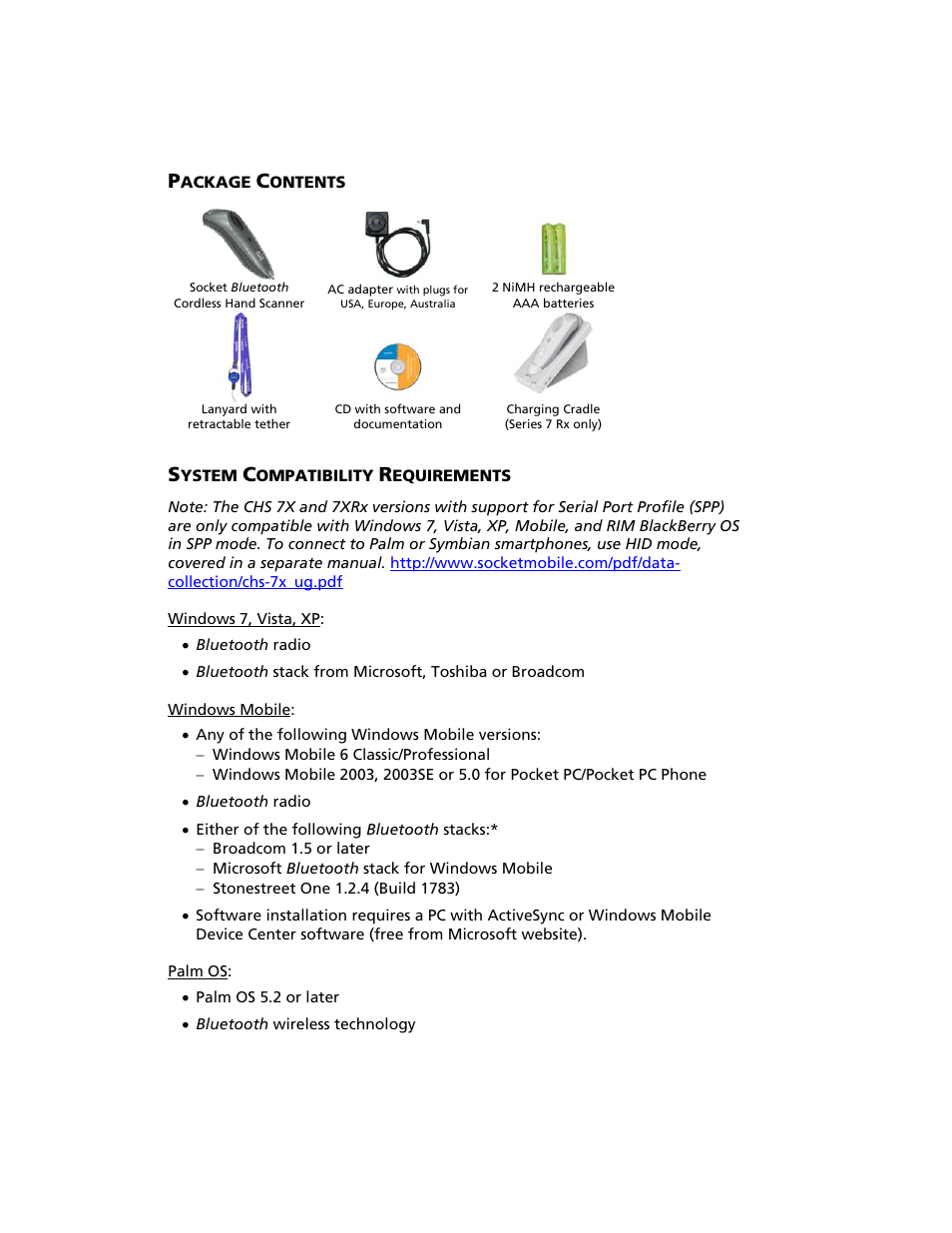 Package contents, System compatibility requirements, Ackage | Ontents, Ystem, Ompatibility, Equirements | Socket Mobile Bluetooth iPAQ User Manual | Page 6 / 114