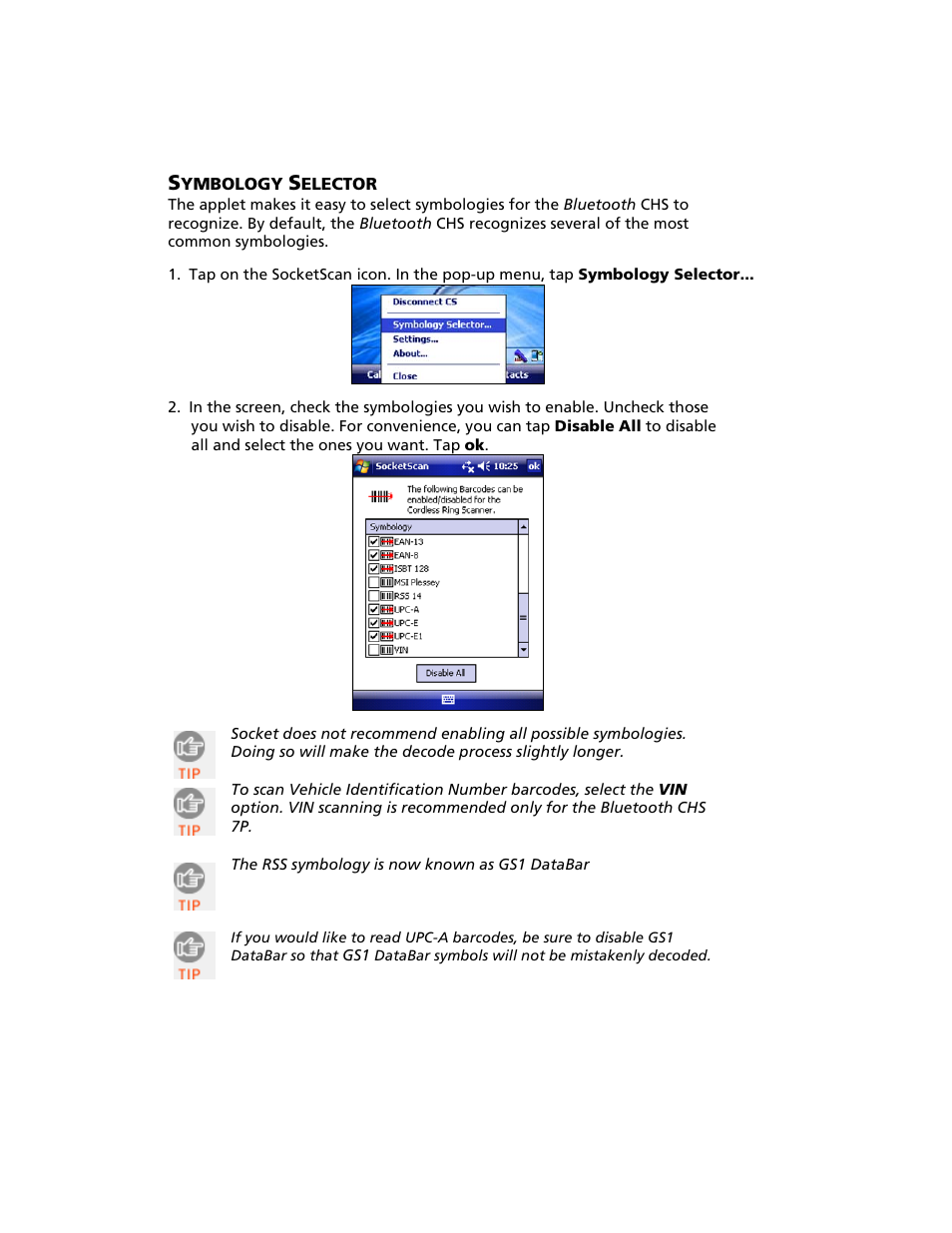 Symbology selector | Socket Mobile Bluetooth iPAQ User Manual | Page 62 / 114