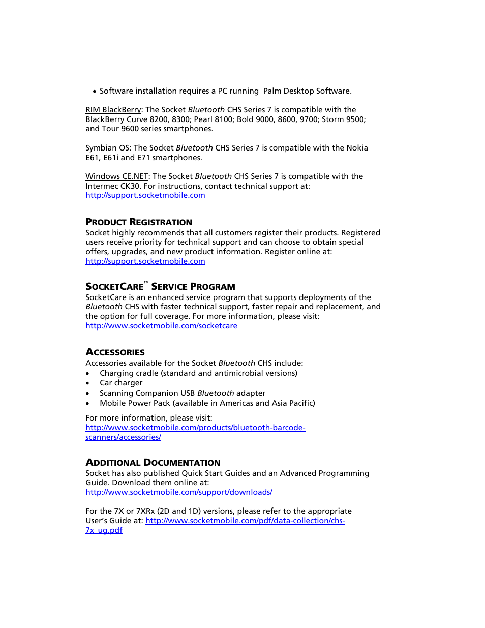 Product registration, Socketcare™ service program, Accessories | Additional documentation, Roduct, Egistration, Ocket, Ervice, Rogram, Ccessories | Socket Mobile Bluetooth iPAQ User Manual | Page 7 / 114