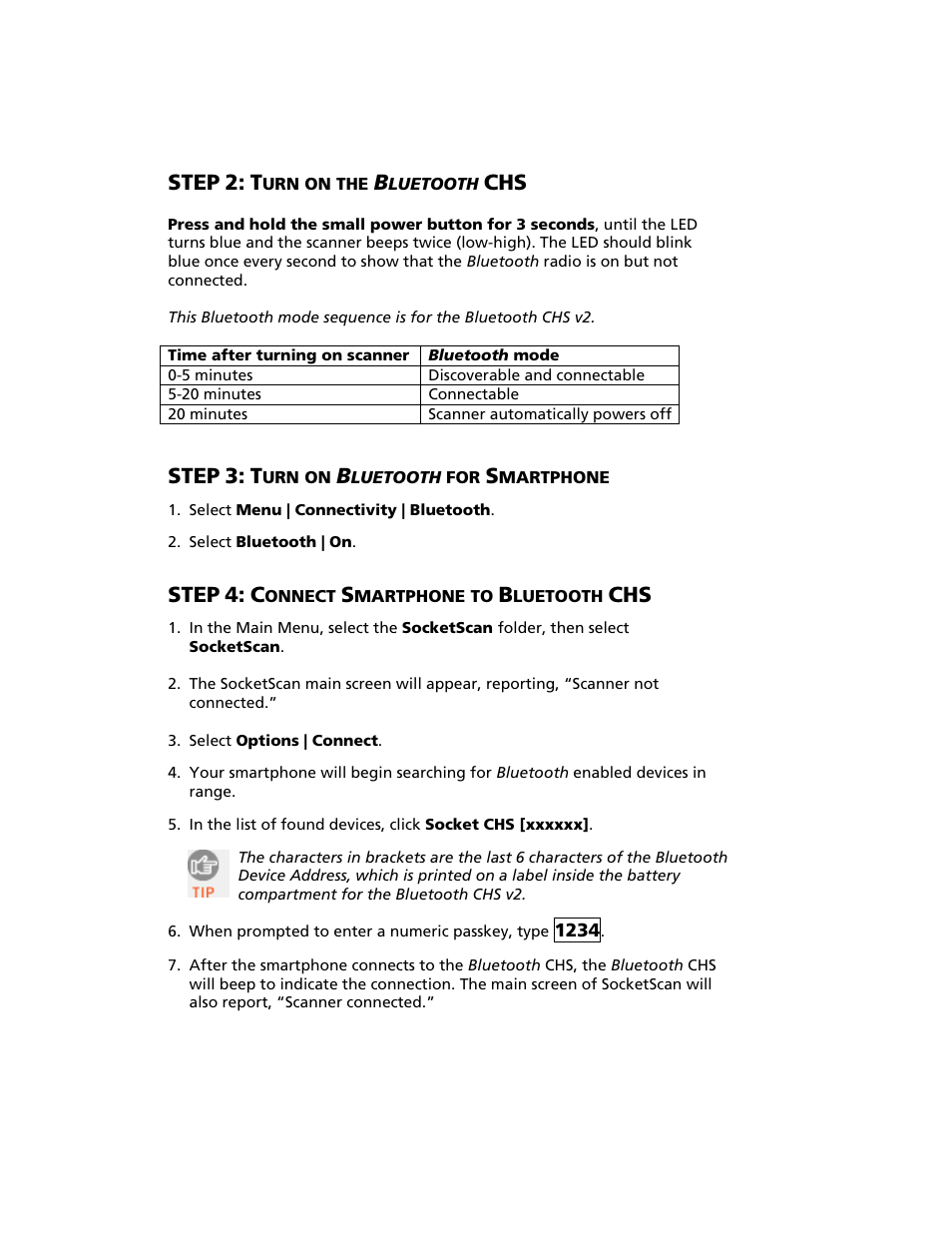 Step 2: turn on the bluetooth chs, Step 3: turn on bluetooth for smartphone, Step 4: connect smartphone to bluetooth chs | Step | Socket Mobile Bluetooth iPAQ User Manual | Page 87 / 114