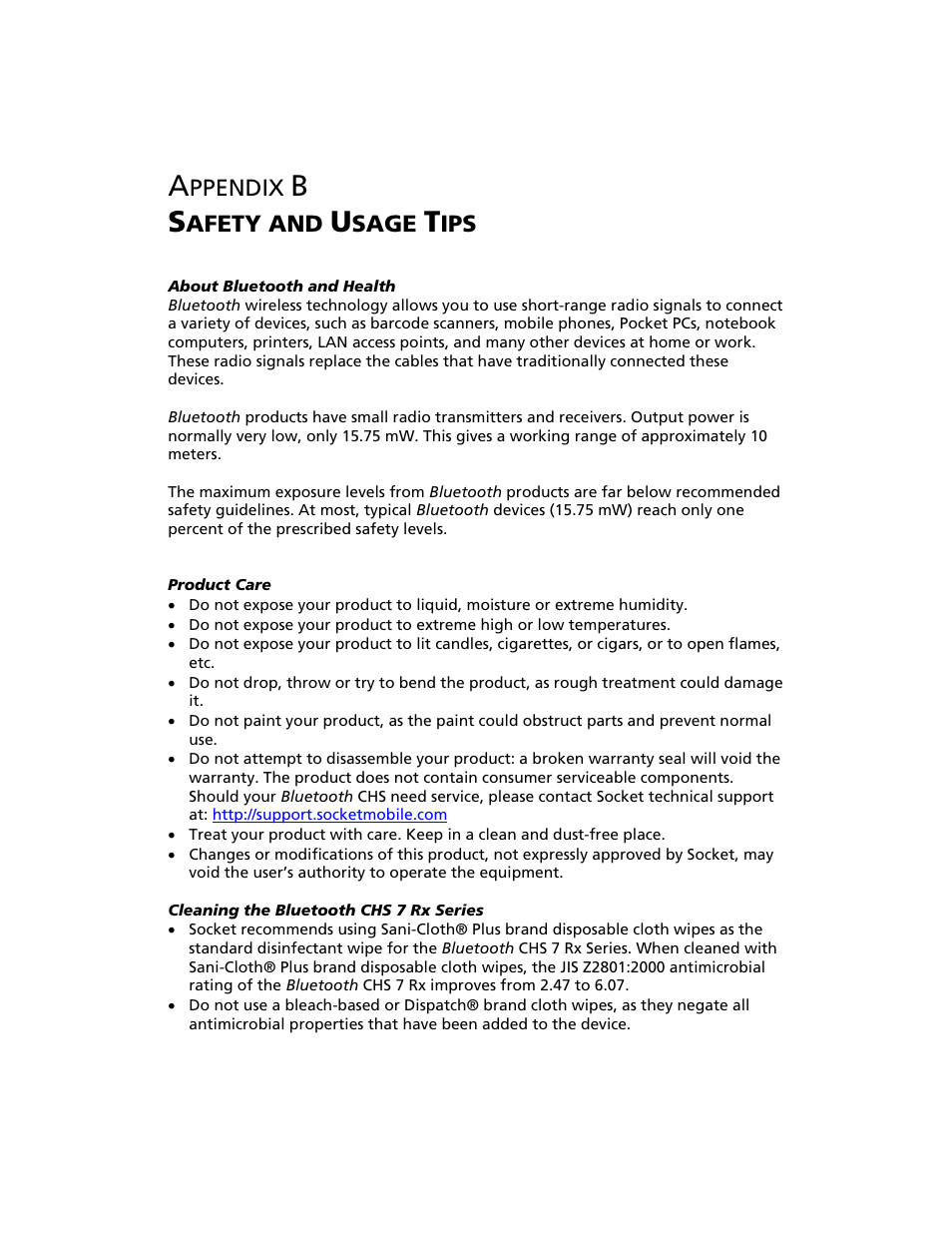 Appendix b safety and usage tips, B safety and usage tips, Ppendix | Afety and, Sage | Socket Mobile Bluetooth iPAQ User Manual | Page 95 / 114