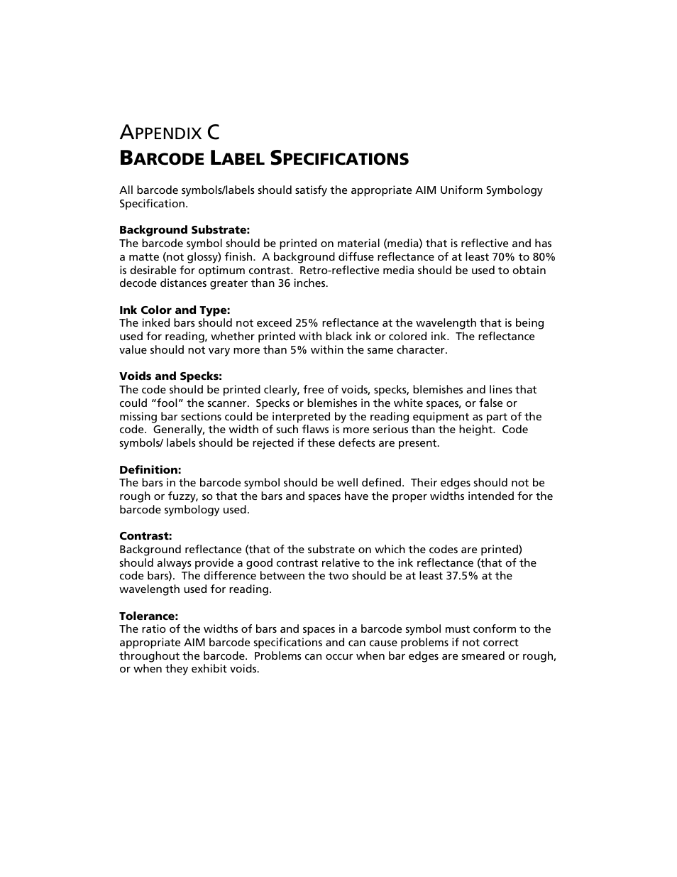 Appendix c barcode label specifications, C barcode label specifications | Socket Mobile Bluetooth iPAQ User Manual | Page 97 / 114