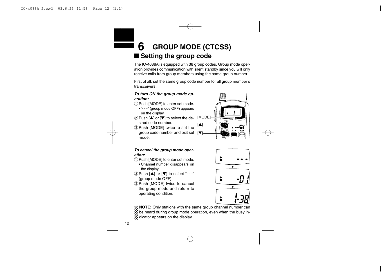 Group mode (ctcss), Setting the group code | Socket Mobile IC-4088A User Manual | Page 18 / 32