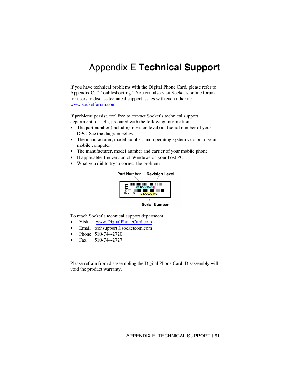 Appendix e technical support | Socket Mobile Digital Phone Card for Data-Capable Mobile Phone User Manual | Page 63 / 69