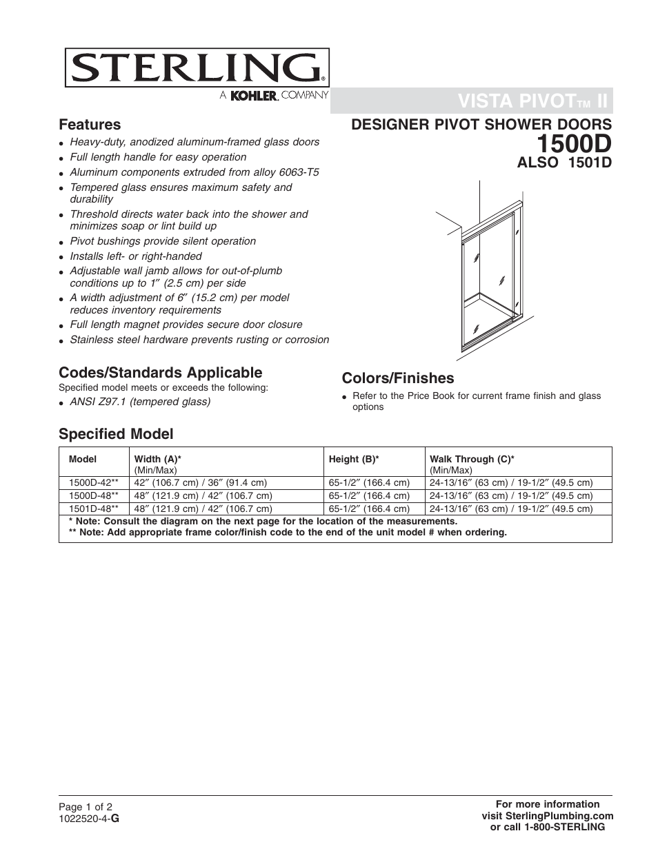 Sterling Plumbing Designer Pivot Shower Doors 1501D User Manual | 2 pages