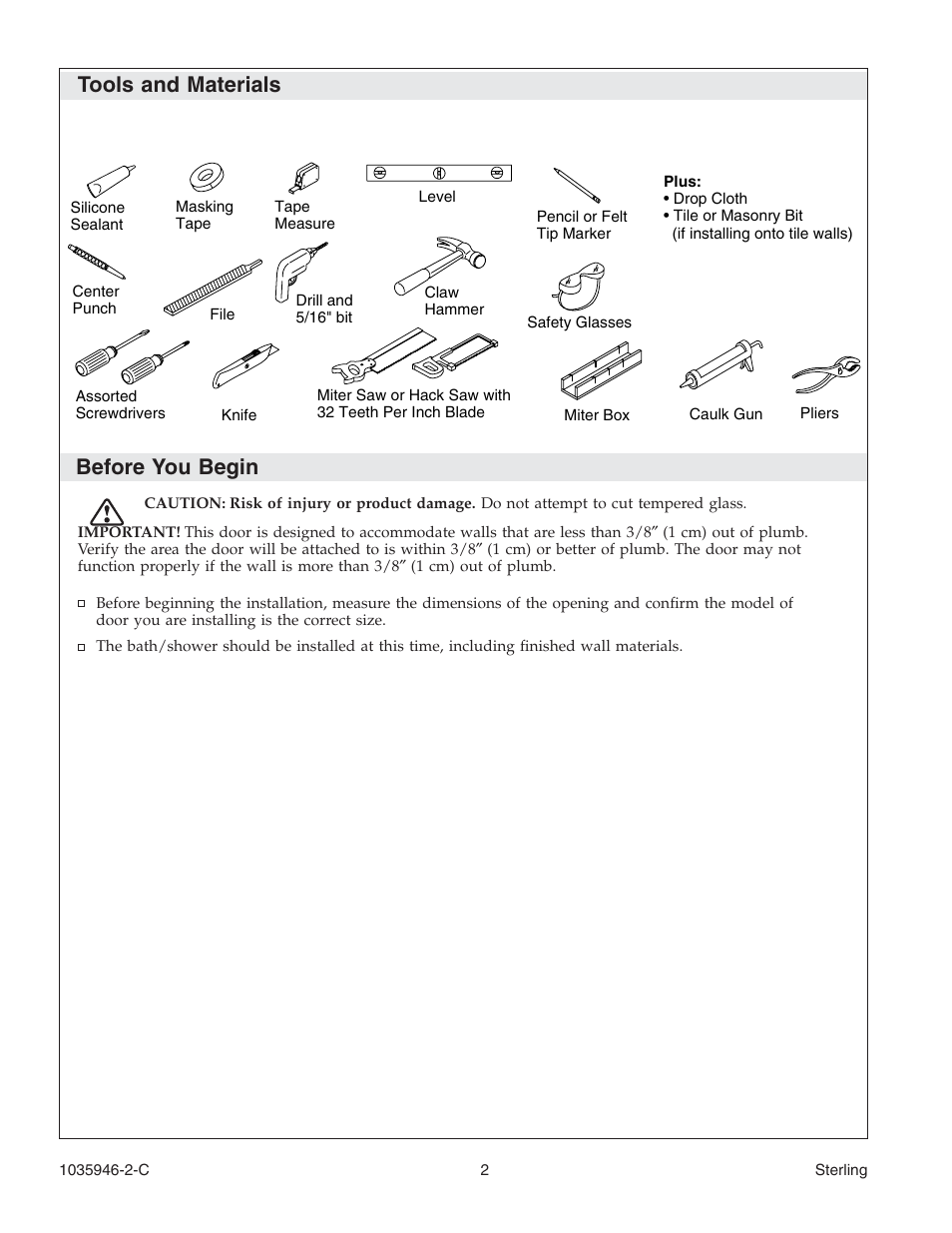 Tools and materials before you begin | Sterling Plumbing Bypass Shower Doors 6065 User Manual | Page 2 / 44