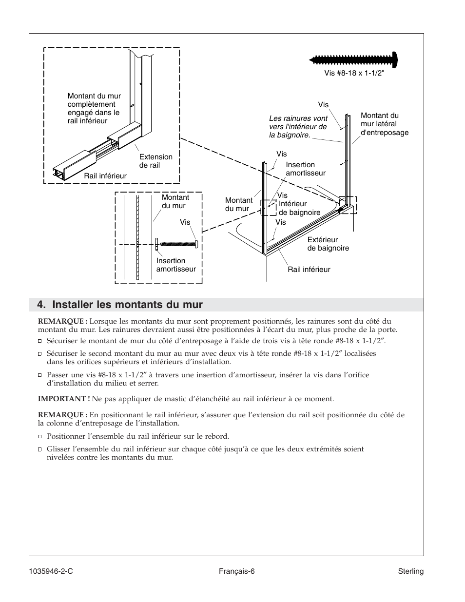 Installer les montants du mur | Sterling Plumbing Bypass Shower Doors 6065 User Manual | Page 20 / 44