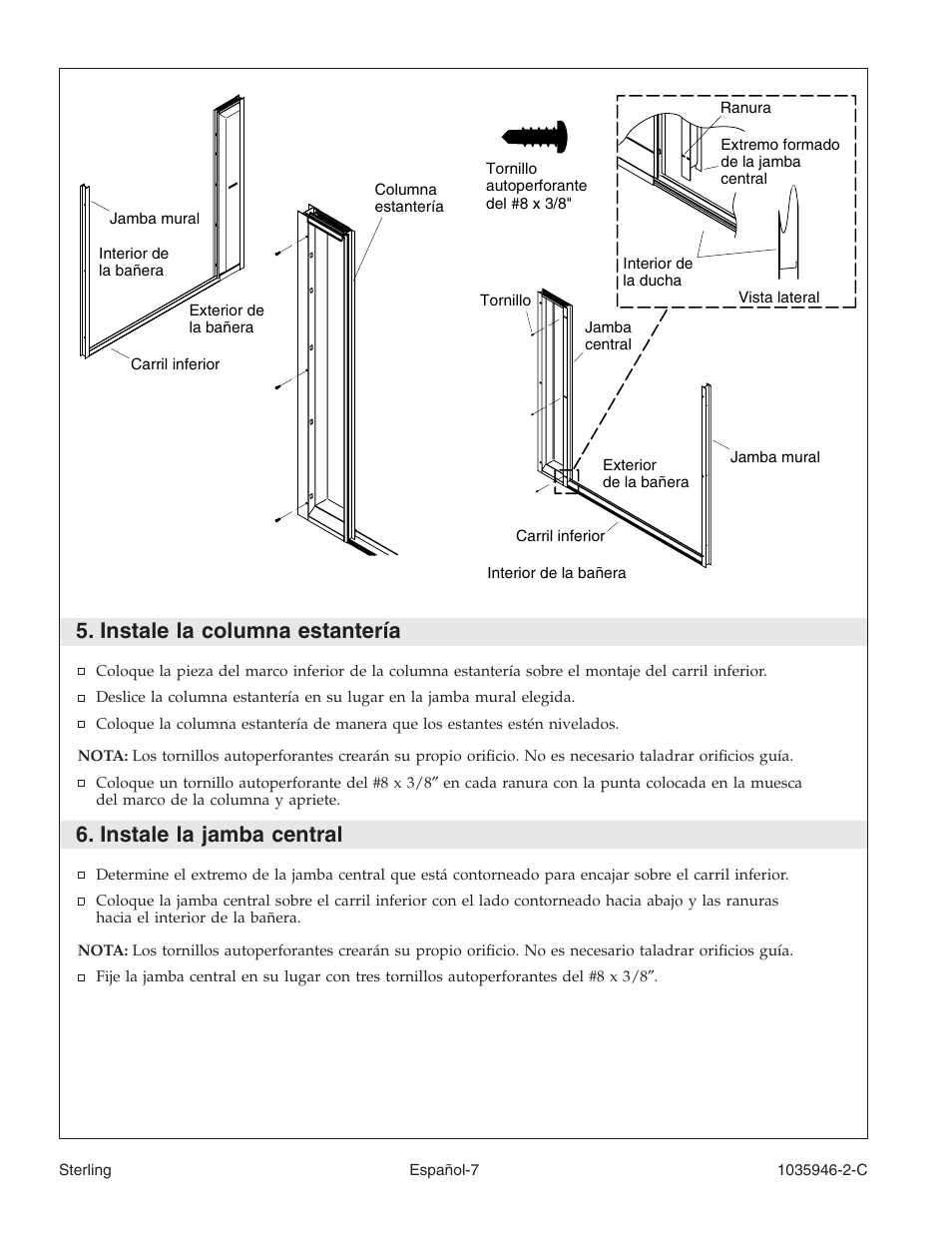 Instale la columna estantería, Instale la jamba central | Sterling Plumbing Bypass Shower Doors 6065 User Manual | Page 35 / 44