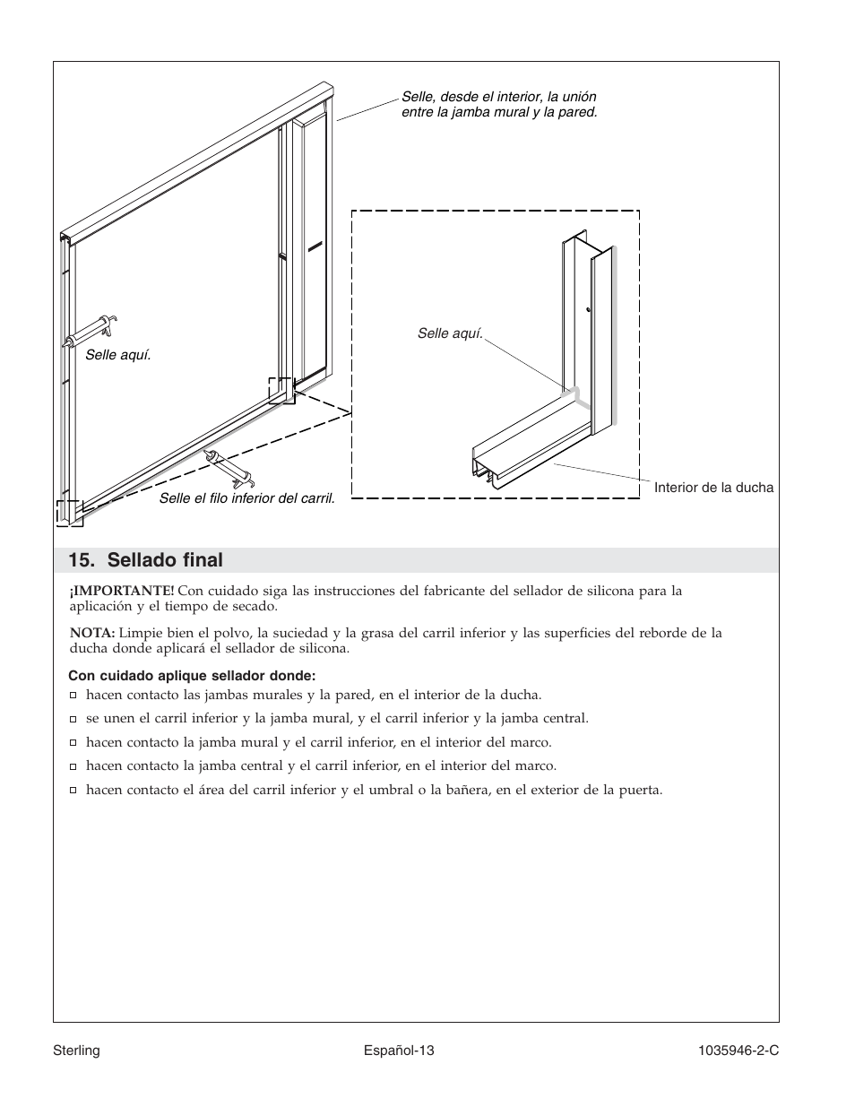 Sellado final | Sterling Plumbing Bypass Shower Doors 6065 User Manual | Page 41 / 44