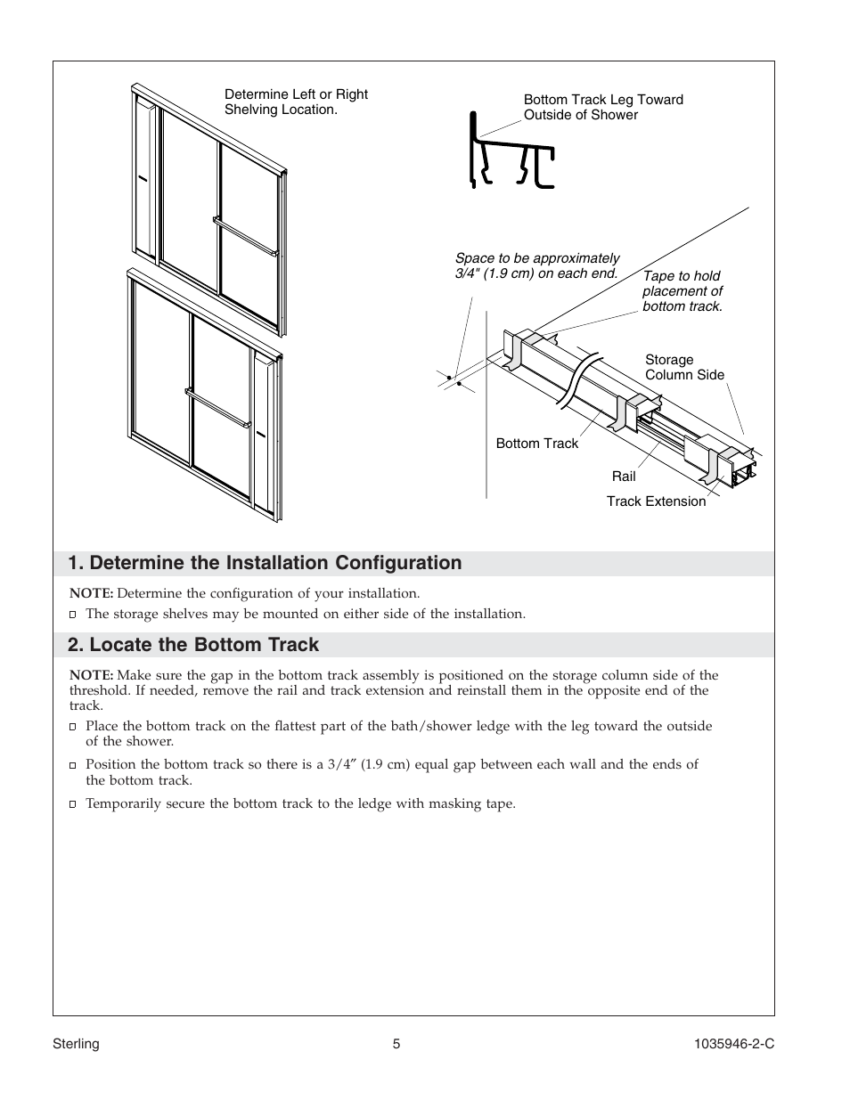 Determine the installation configuration, Locate the bottom track | Sterling Plumbing Bypass Shower Doors 6065 User Manual | Page 5 / 44